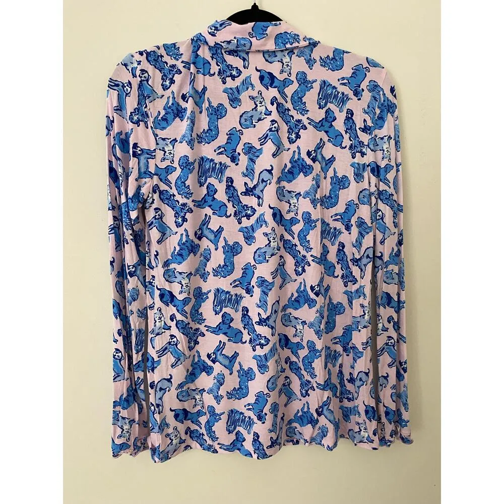 Lilly Pulitzer EUC Dog Print Pink Blue Long Sleeve Button Down Pajama PJ Shirt S - Image 6