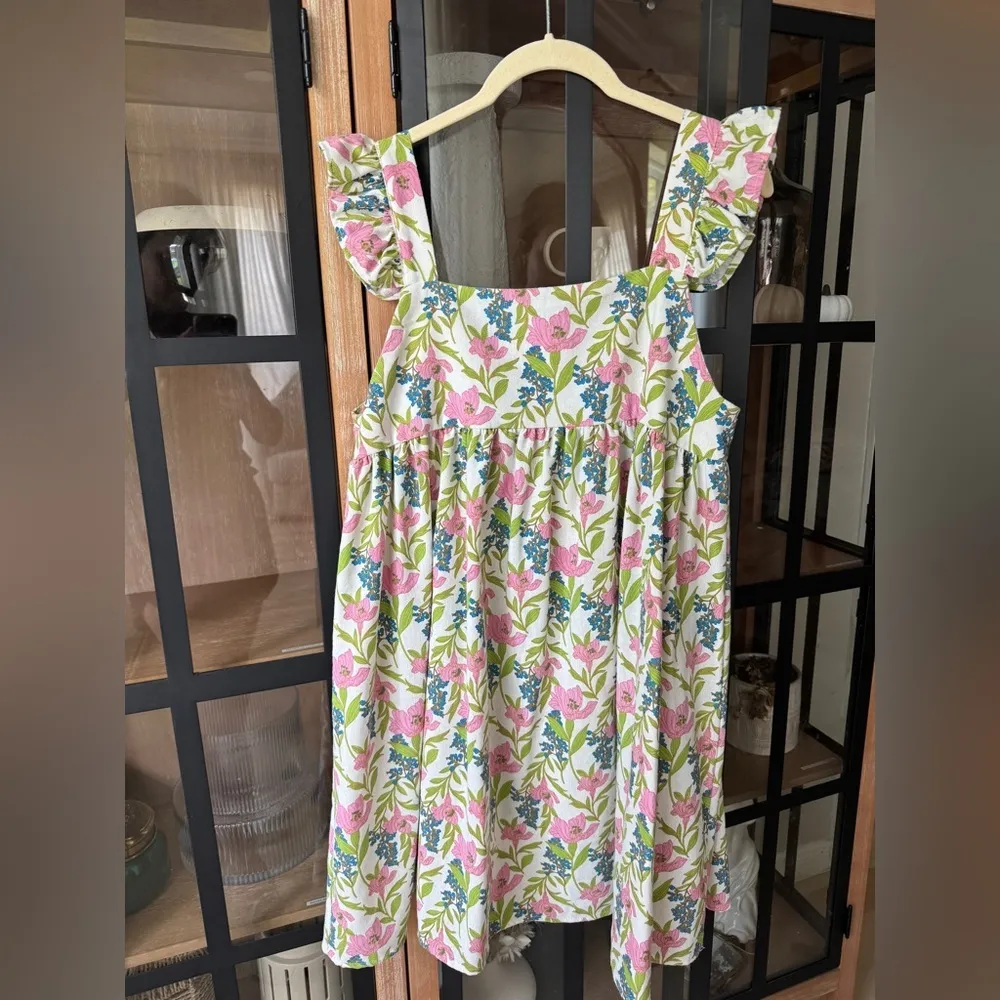 Linen floral block print babydoll mini dress ruffle pyjama square neck flutter - Image 11