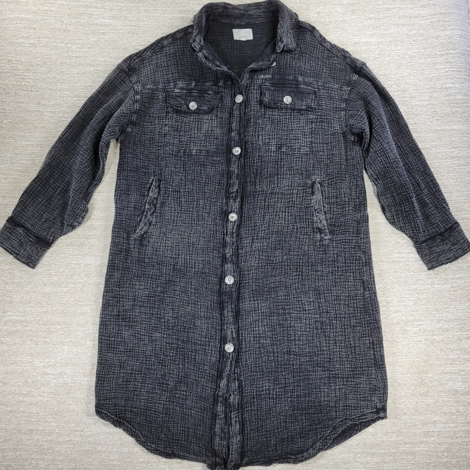 Oli & Hali Gauze Shirt Dress Medium Charcoal Gray Lagenlook Oversized Buttons - Image 3