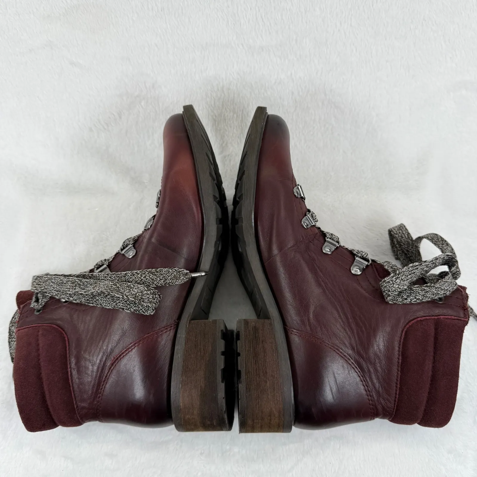 Burgundy‎ Leather Ankle Boots Women's Lace Up Heeled Booties Hiker Style Size 9 - Image 8