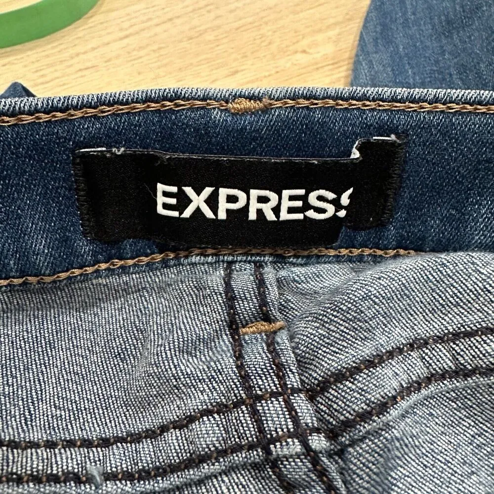 Express Mid Rise Denim Legging Jeans Floral Sequin Embellishments Distressed Hem - Image 9