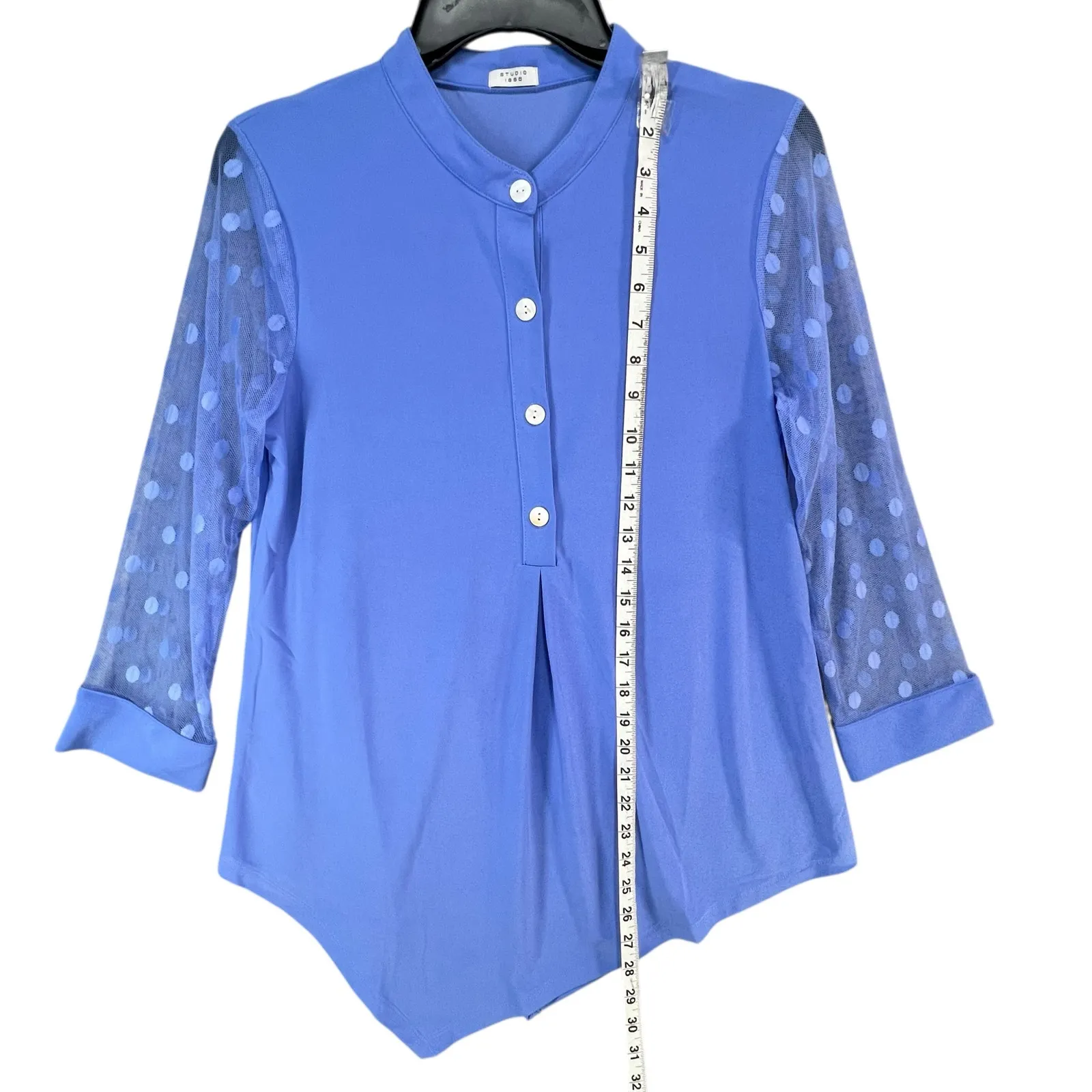 Studio 1886 Asymmetrical Top Womens S Blue Polka Dot Mesh Sleeves Button Modern - Image 7