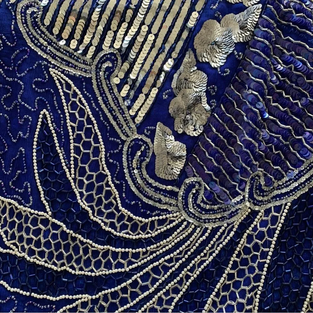 Vintage Royal Blue Pure Silk Beaded Pearl & Silver Sequins V - Image 10
