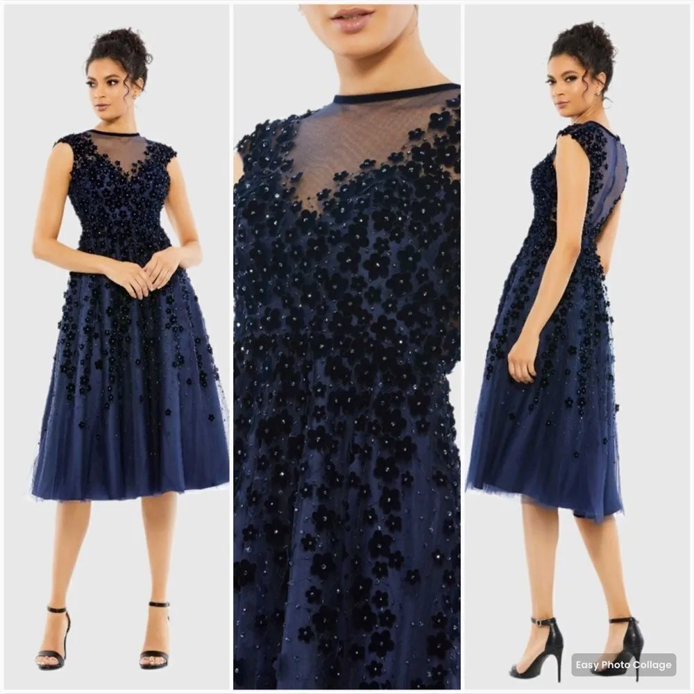 Mac Duggal 67910 Womens EMBELLISHED ILLUSION HIGH NECK CAP SLEEVE MIDI DRESS - Image 3