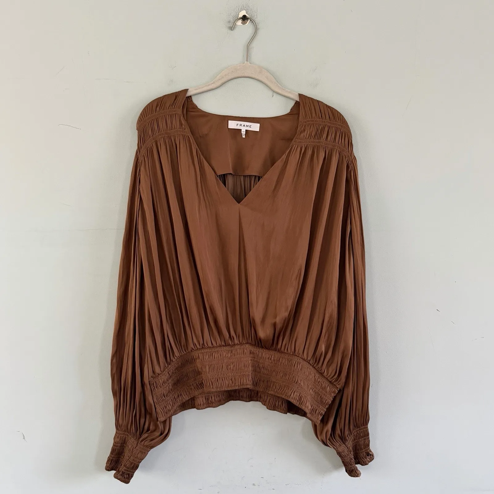 Frame Pleat Satin Bronze Blouse V-Neck Long Sleeve Smocked Top - Image 4