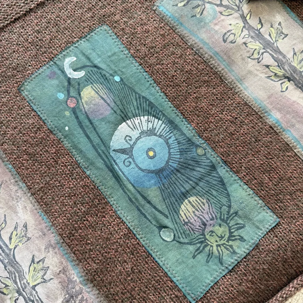 Blue Fish Vintage Wool Handmade Patch Sweater Tunic Brown Sz 3 - Image 12