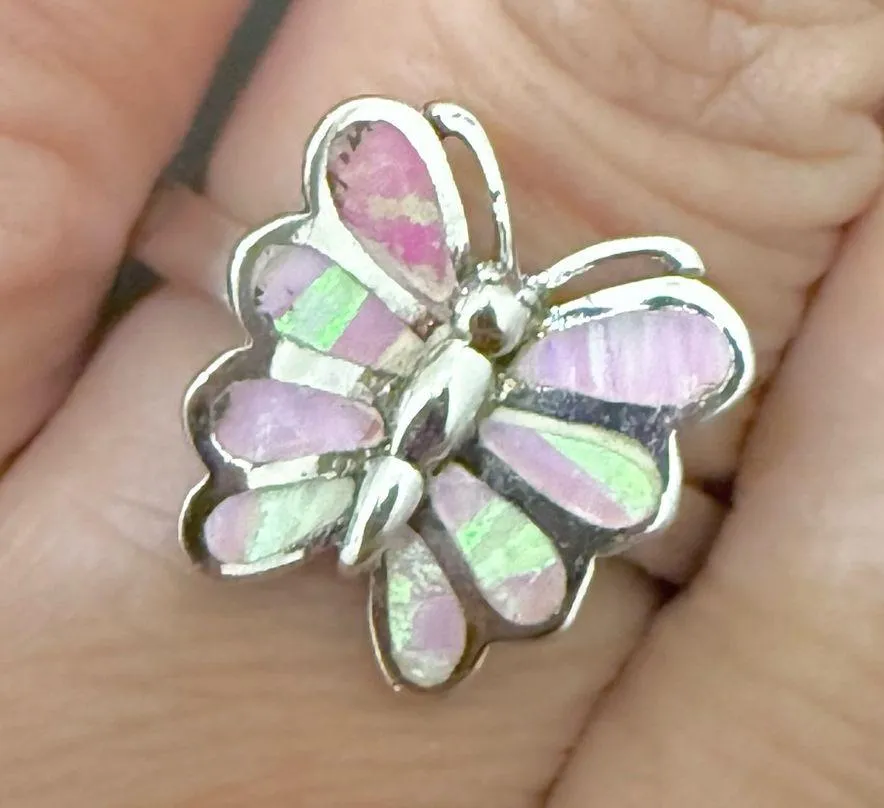 925 Sterling Silver Iridescent Pink Opal Inlay Butterfly Ring Size 7 4g. - Image 10