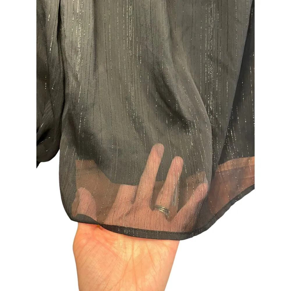 WAYF x BFF Sarah Silver Metallic & Black Off the Shoulder Top Sheer Long Sleeves - Image 12