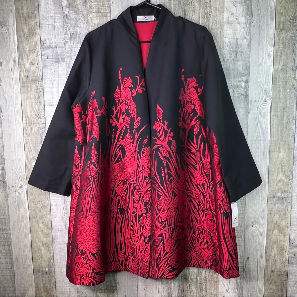 Natori Large Black & Red Peacock Floral Evening Jacket Blazer Pockets 3/4 Sleeve - Image 2