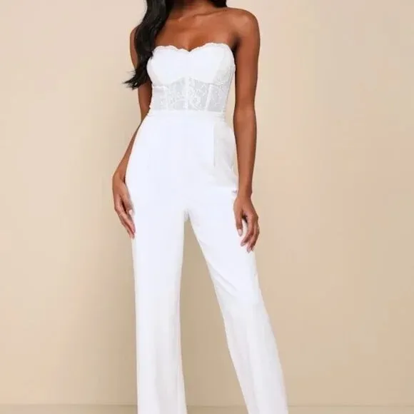 Lulus Positively White Lace Strapless Bustier Jumpsuit Size‎ M - Image 11