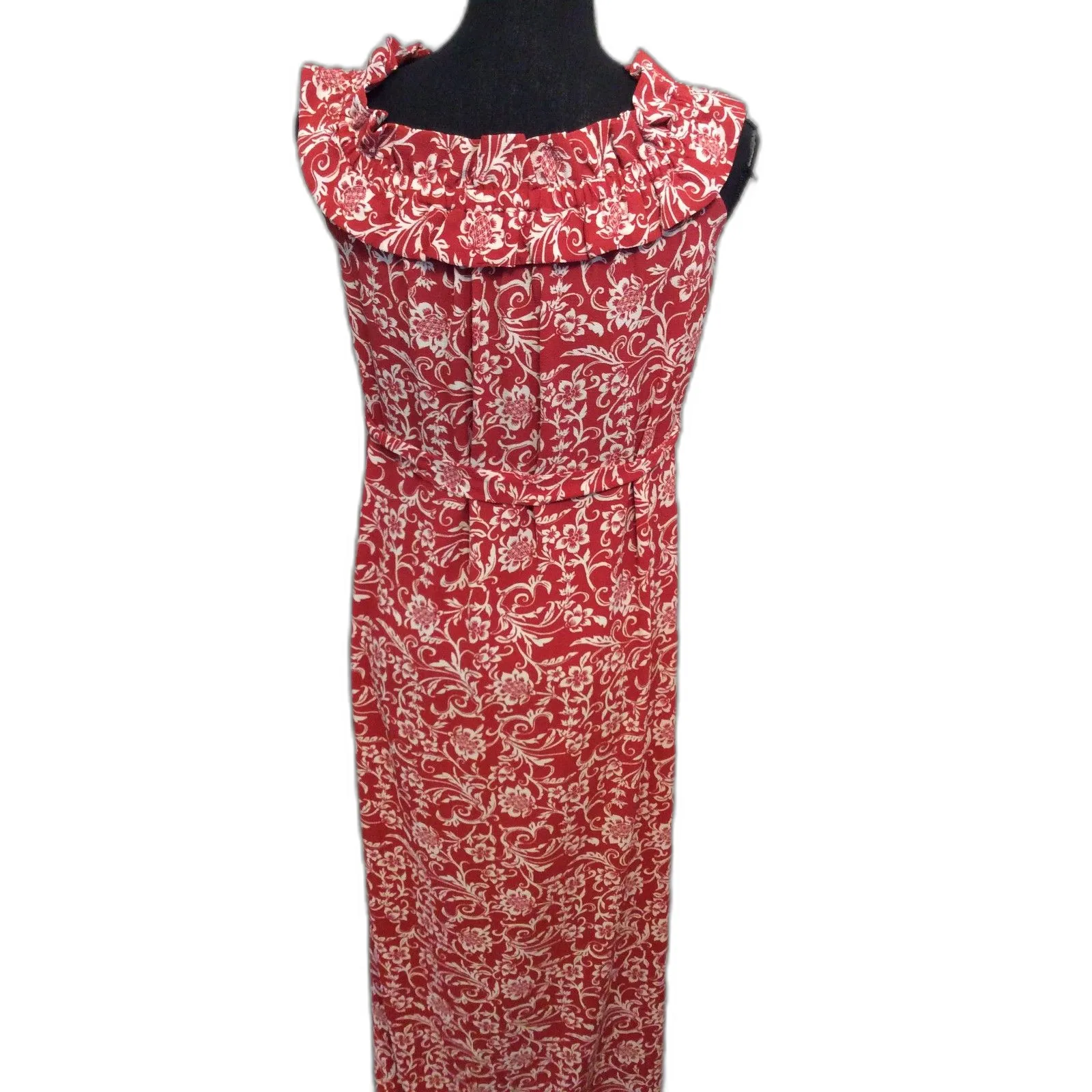 Ann Taylor Loft Outlet XS Floral Print Maxi Ruffled Collar Sleeveless Red - Image 3