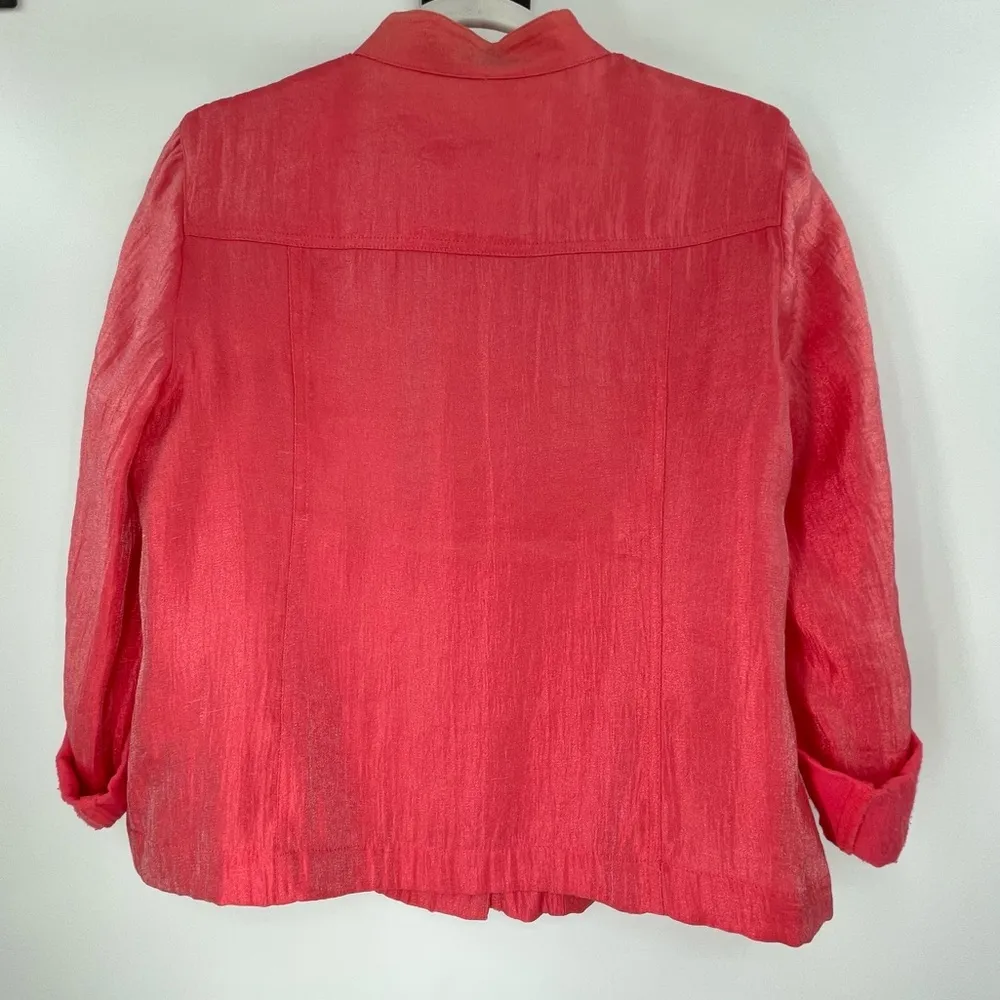 Ruby Rd. Nehru Collar Button Up Coral Shimmer Silky Top Jacket, Size 10P - Image 2