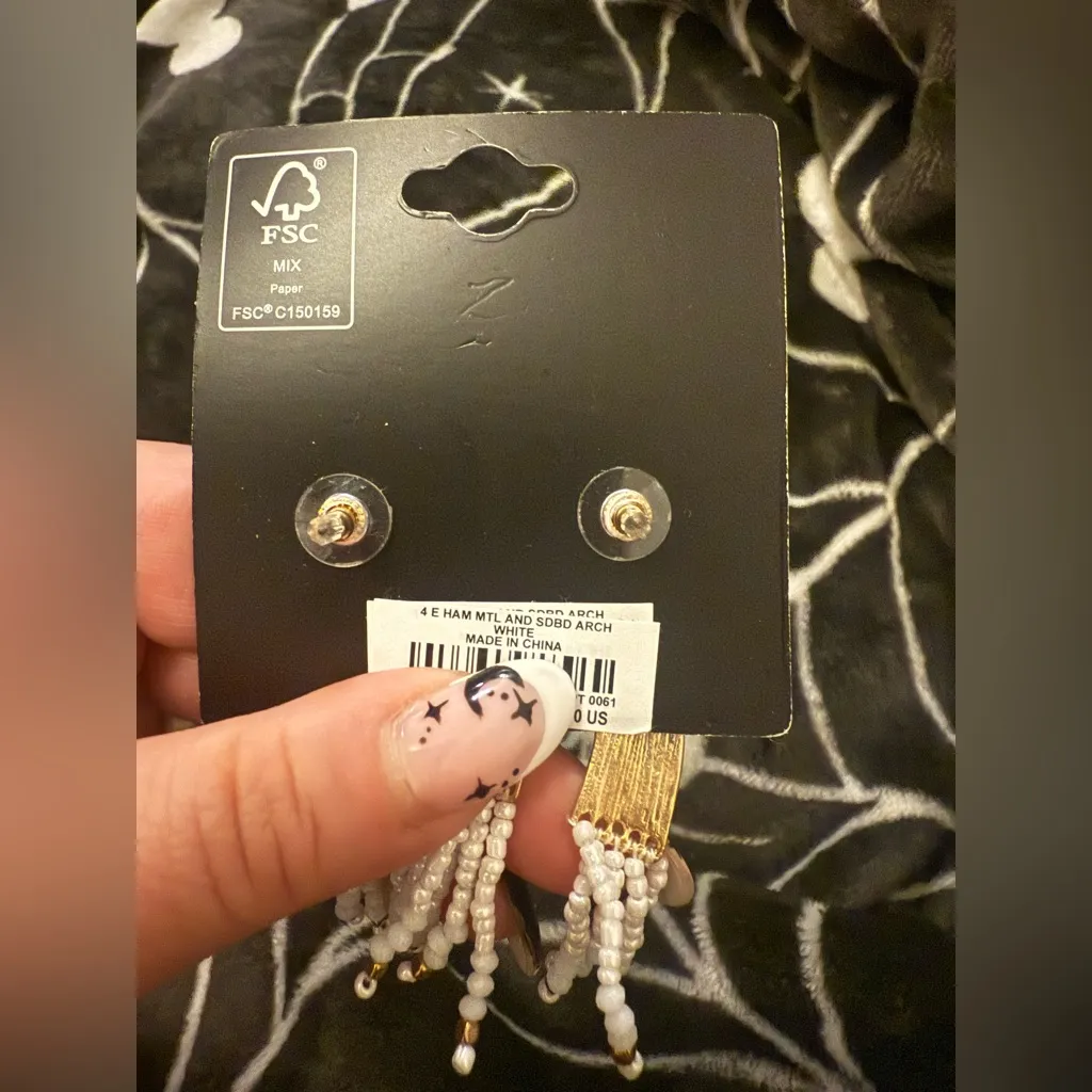 Torrid Gold White Beaded Arch Hammered Metal Statement Fringe Stud Earrings - Image 7