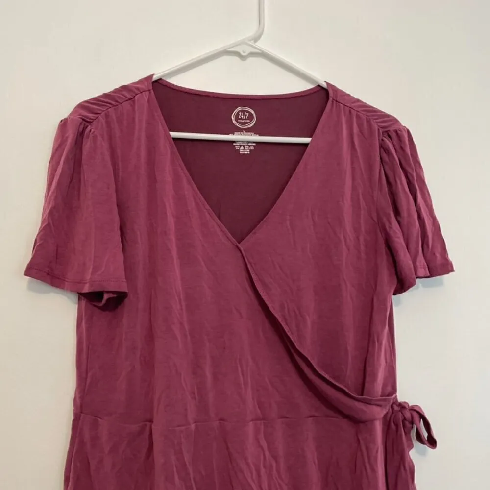 MAURICES 24/7 Wrap Front Top Berry Mauve Pink ish Surplice Short Sleeve Peplum L - Image 3