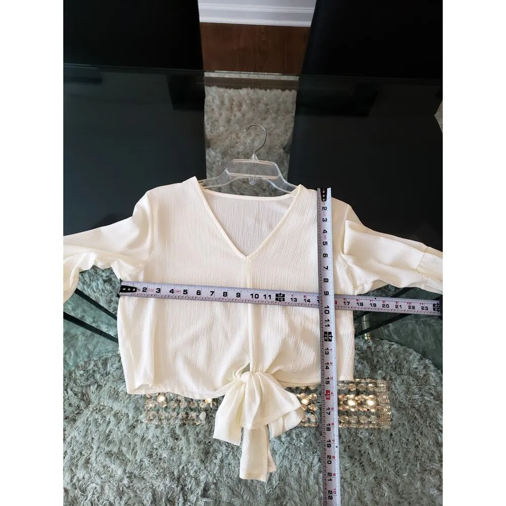 Women's SHEIN White Tie Front Top M Floral Bell Sleeve V Neck Blouse Shirt - Image 12