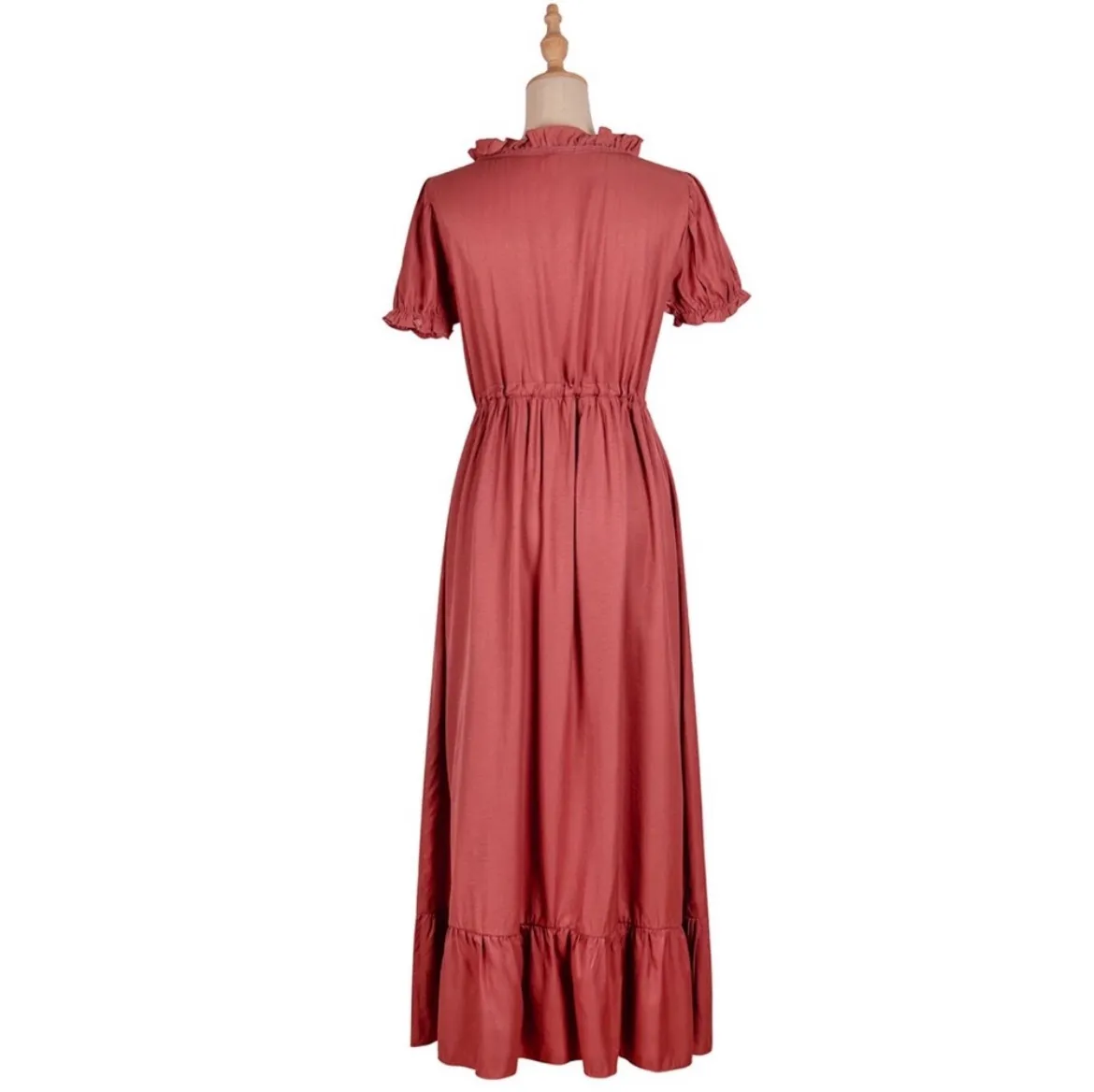 Rust Red Button Front Short Sleeve Ruffled Midi Dress - Image 8