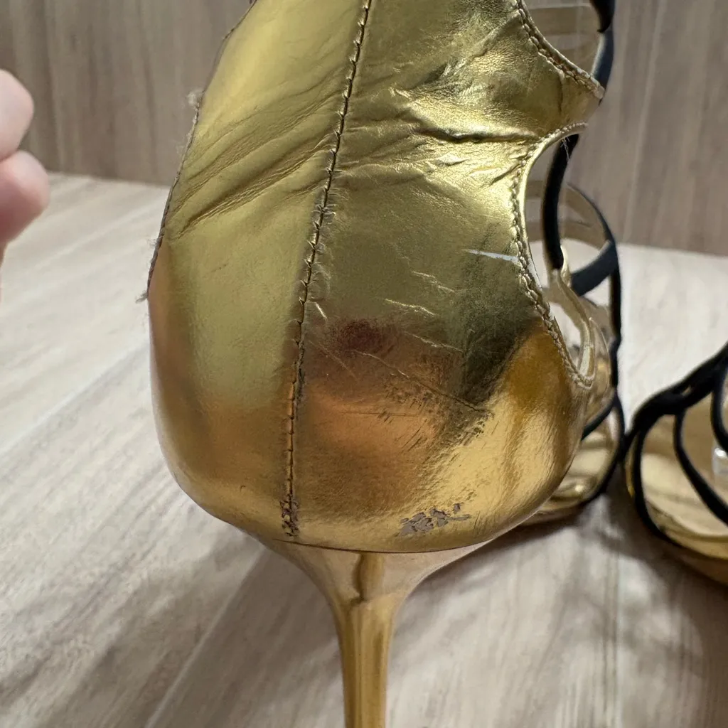 Jimmy Choo Bunting Gold and Black Suede Leather Myth Strappy Caged Heels - Image 8