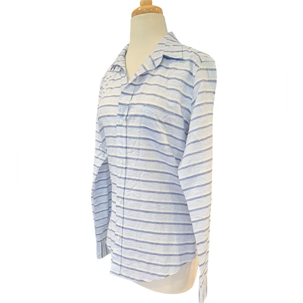 Frank & Eileen Barry Blue Button Up White Striped Lightweight Crinkle Large - Image 2