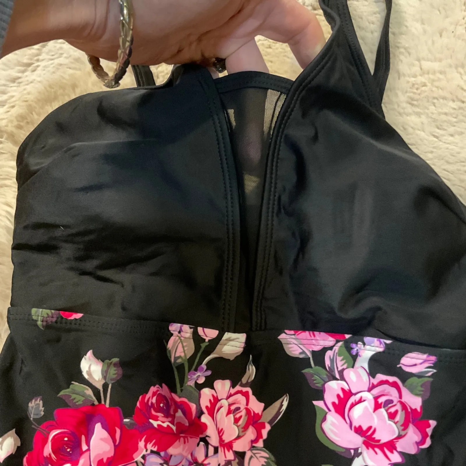 Cupshe Swimsuit Size Medium One Piece Black Floral Mesh Insert Top Women's NWT - Image 3