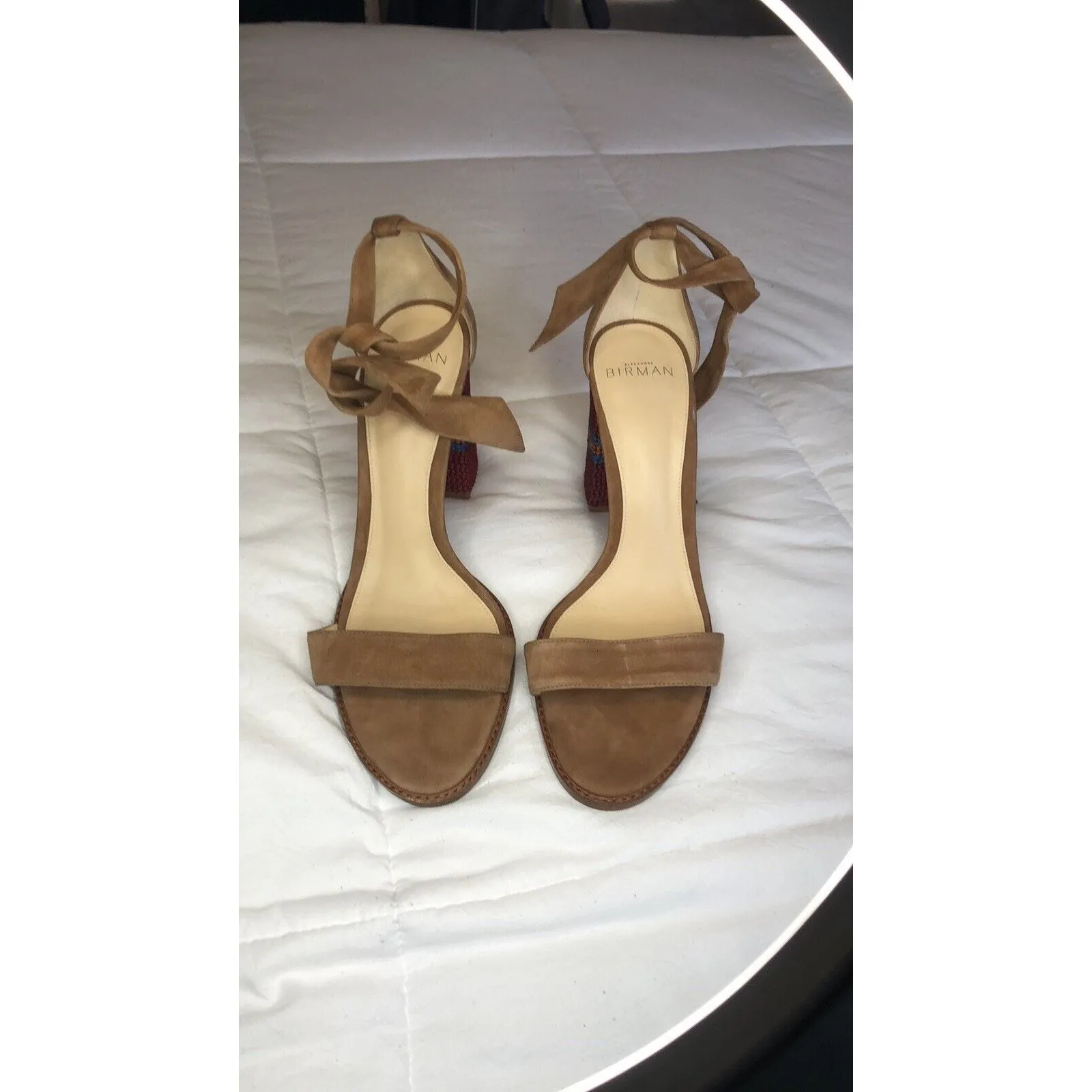 ALEXANDRE BIRMAM Suede Crochet Trim Sandals Elisa 7 1/2 Embroidered Block Heels - Image 7