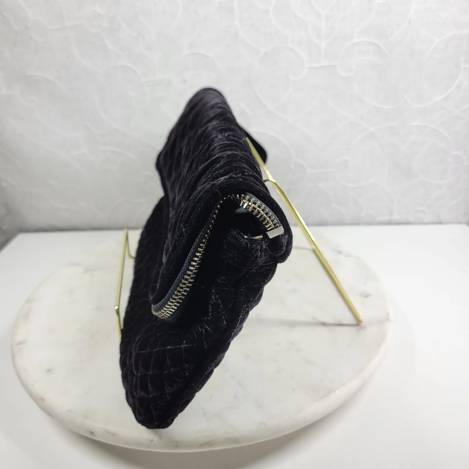 Juicy Couture Black Velvet Fold Over Clutch Quilted Rhinestone Bow Zipper Y2K - Image 7