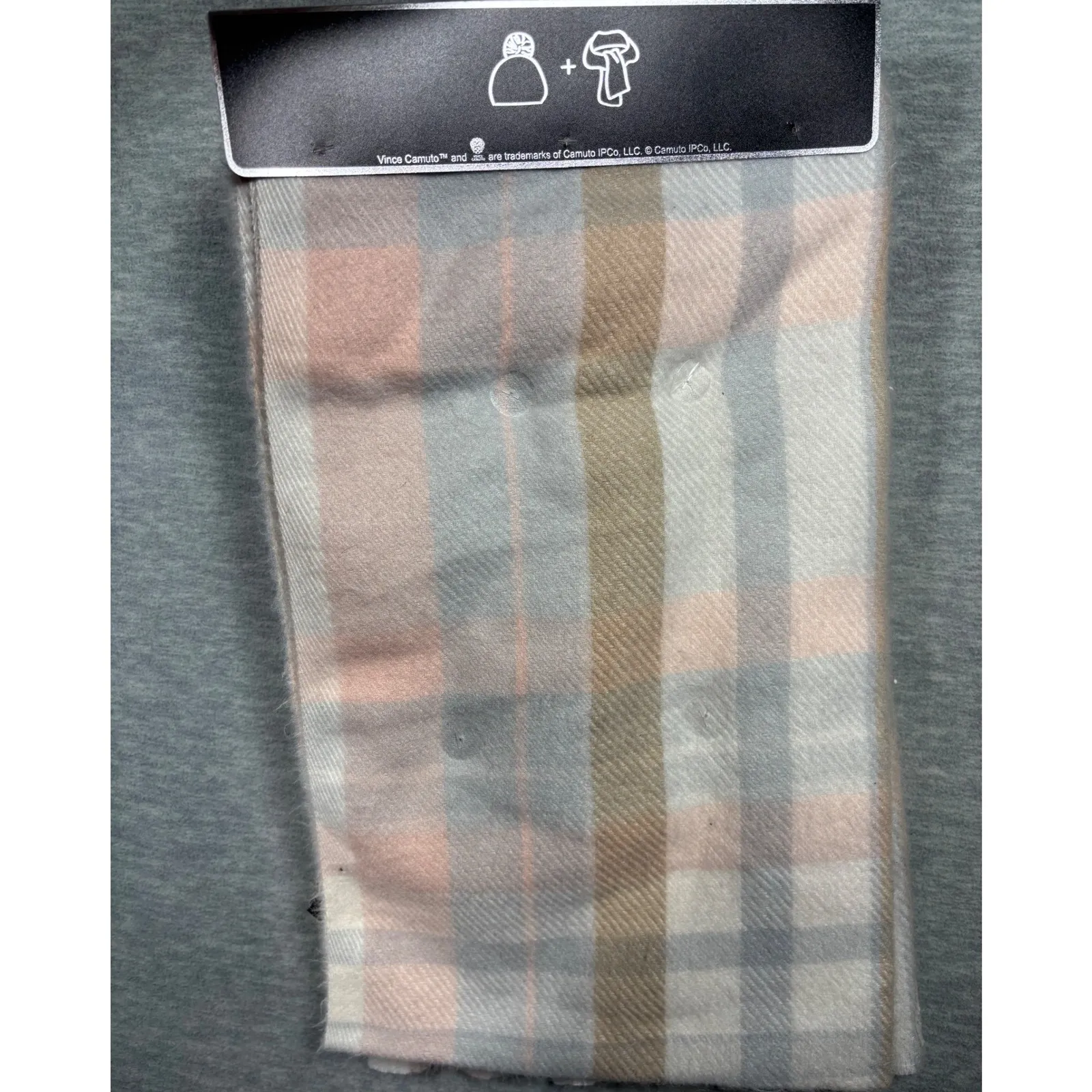 Vince Camuto Womens Pink Cable Knit Beanie and Plaid Scarf Set Faux Fur Pom - Image 4