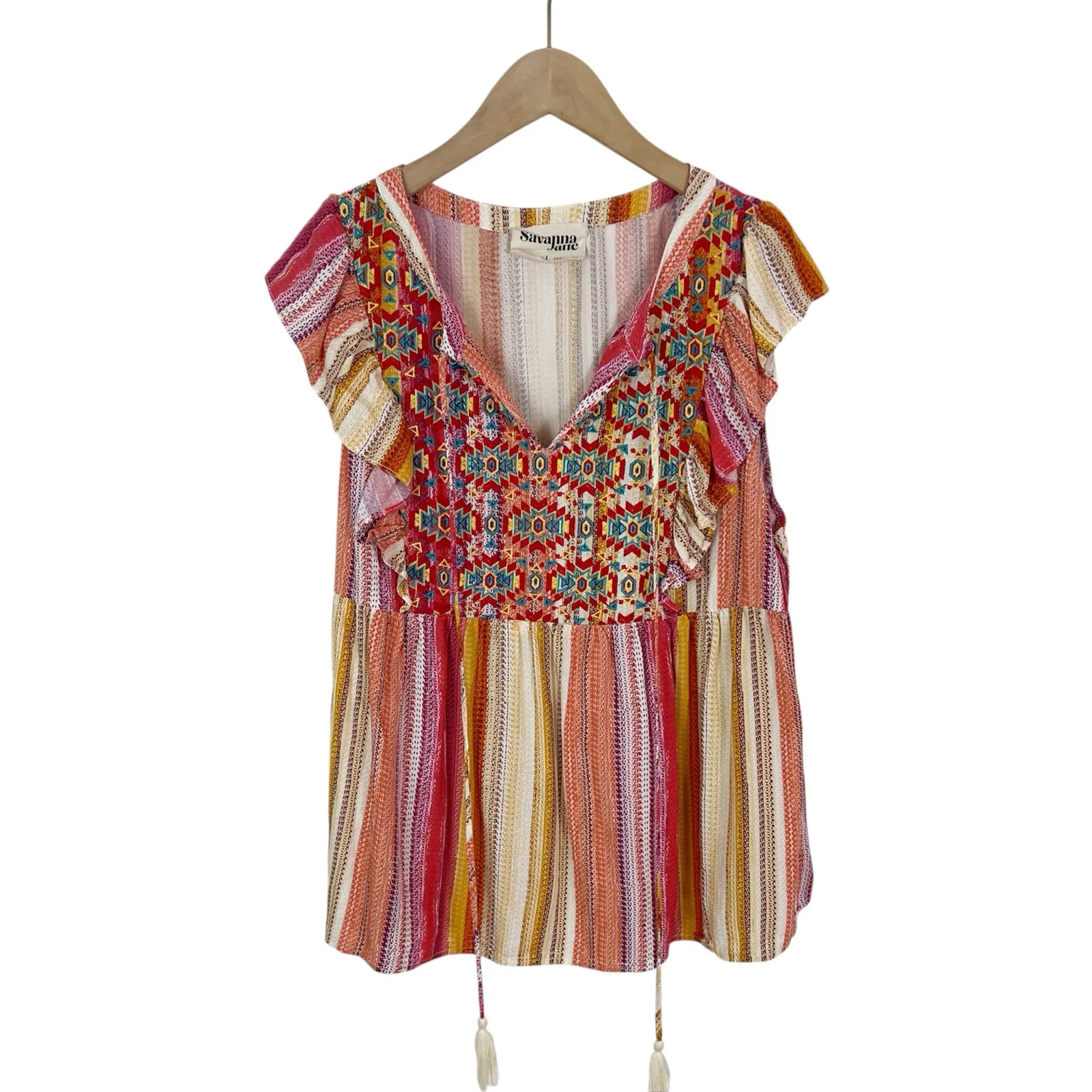 Savanna Jane Daria Aztec Embroidered Colorful Striped Woven Top Size Large Pink - Image 3
