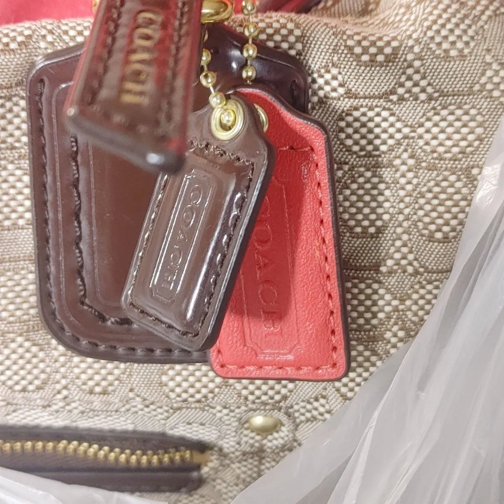 Coach Poppy Signature Handbag Satchel Oxford Khaki Mahogany Patent Leather Trim - Image 2