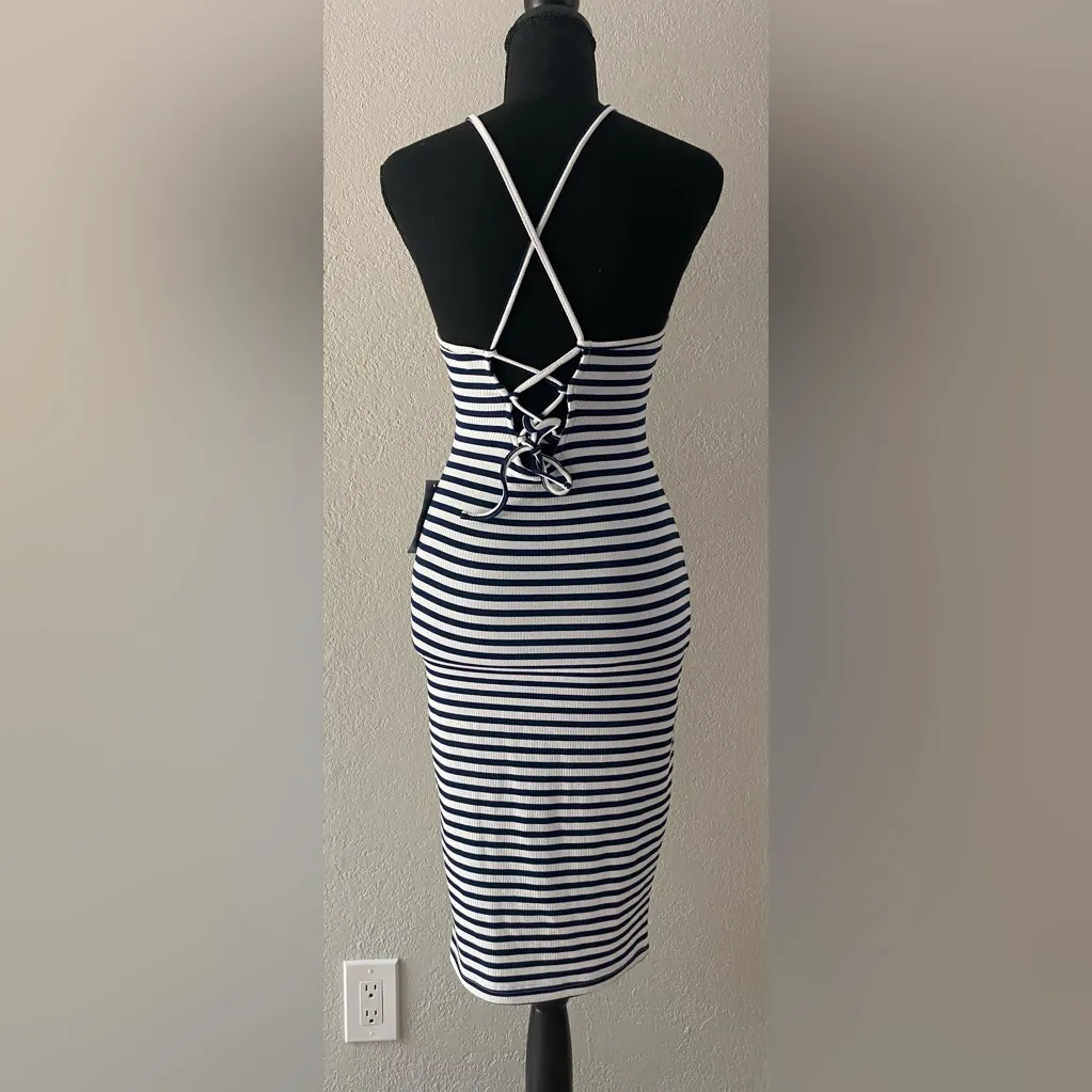 $69 NEW Bardot Bodycon Nordstrom Knit Stripe Navy Midi Lace Up Dress XS - Image 6
