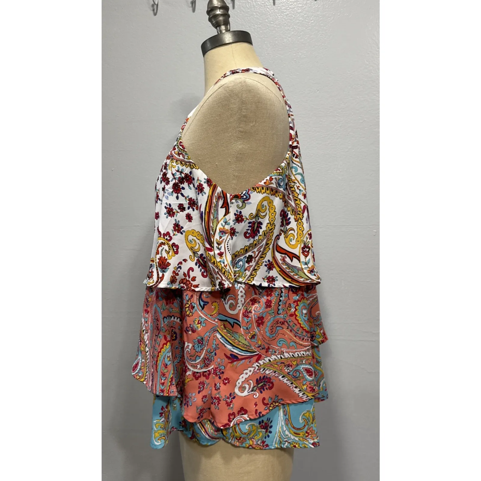 New York & Company Halter Neck Ruffled Sleeveless Top Floral Paisley Womens S Brown - Image 2