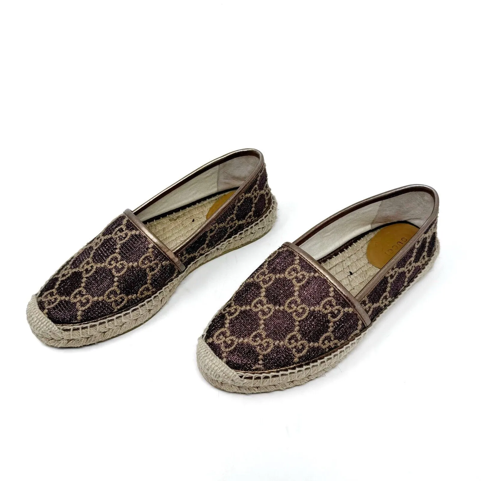 Gucci GG Logo Lurex Lamé Espadrilles Brown Beige Monogram Flats EU 37.5 US 7.5 - Image 5