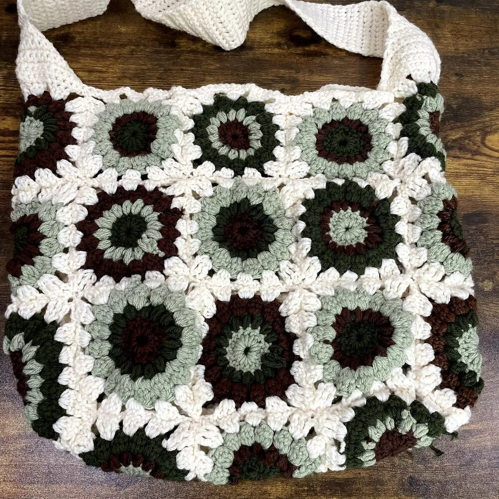 Crochet Granny Square Floral Handmade Tote Shoulder Bag Purse Earth Tone Boho - Image 3