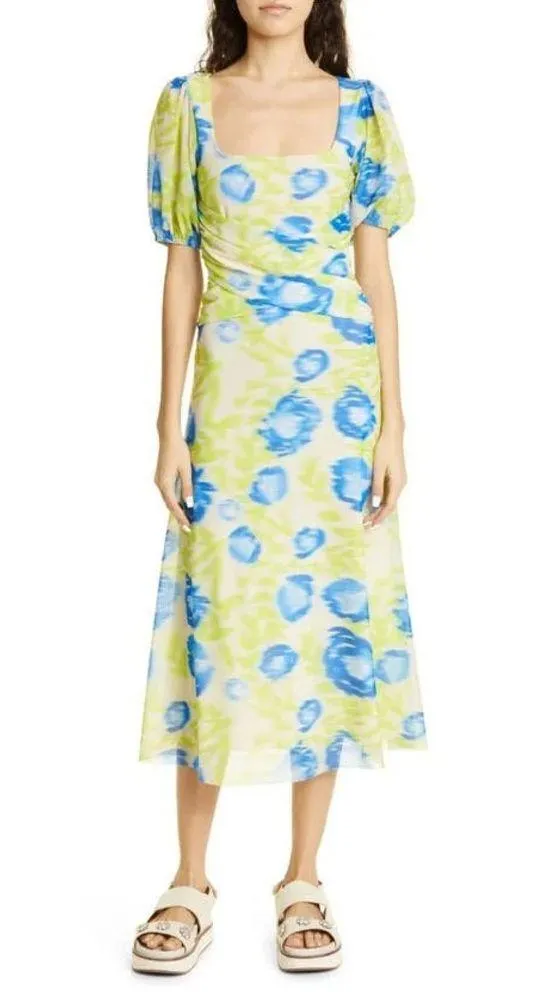 GANNI Crisscross Abstract-Printed Mesh Puff-Sleeve Midi Dress New w/Tag $445 - Image 8