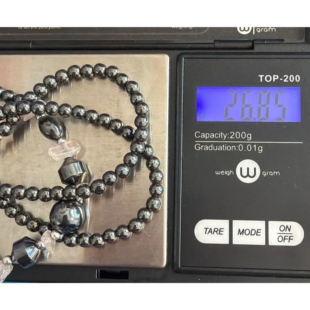 Vintage Hematite Bead Clear Quartz Chip Necklace Lobster Clasp 19" Estate 26.85g - Image 5