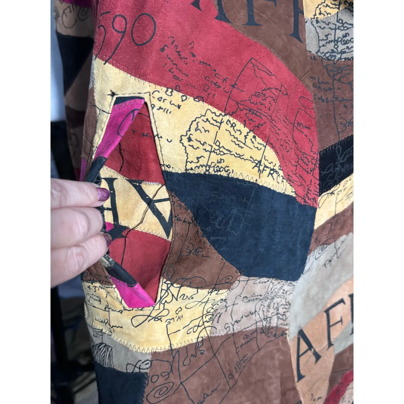 Vintage African Star Suede Leather Coat Map Print Oversized Long Jacket Boho Tan Size L - Image 13