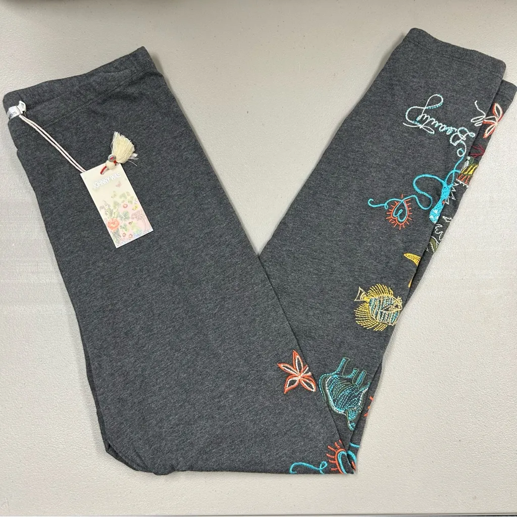 Johnny Was Charcoal Gray Leggings Embroidered Fish Sea Animals Size Small NWT - Image 2