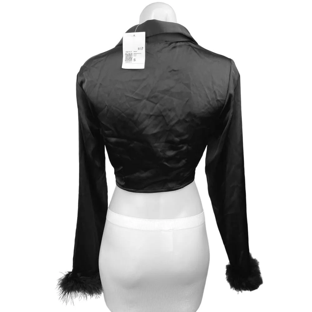 NEW Forever 21 Black Satin Silky Twist Front Fur Cuff Long Sleeve Cropped Top S - Image 2