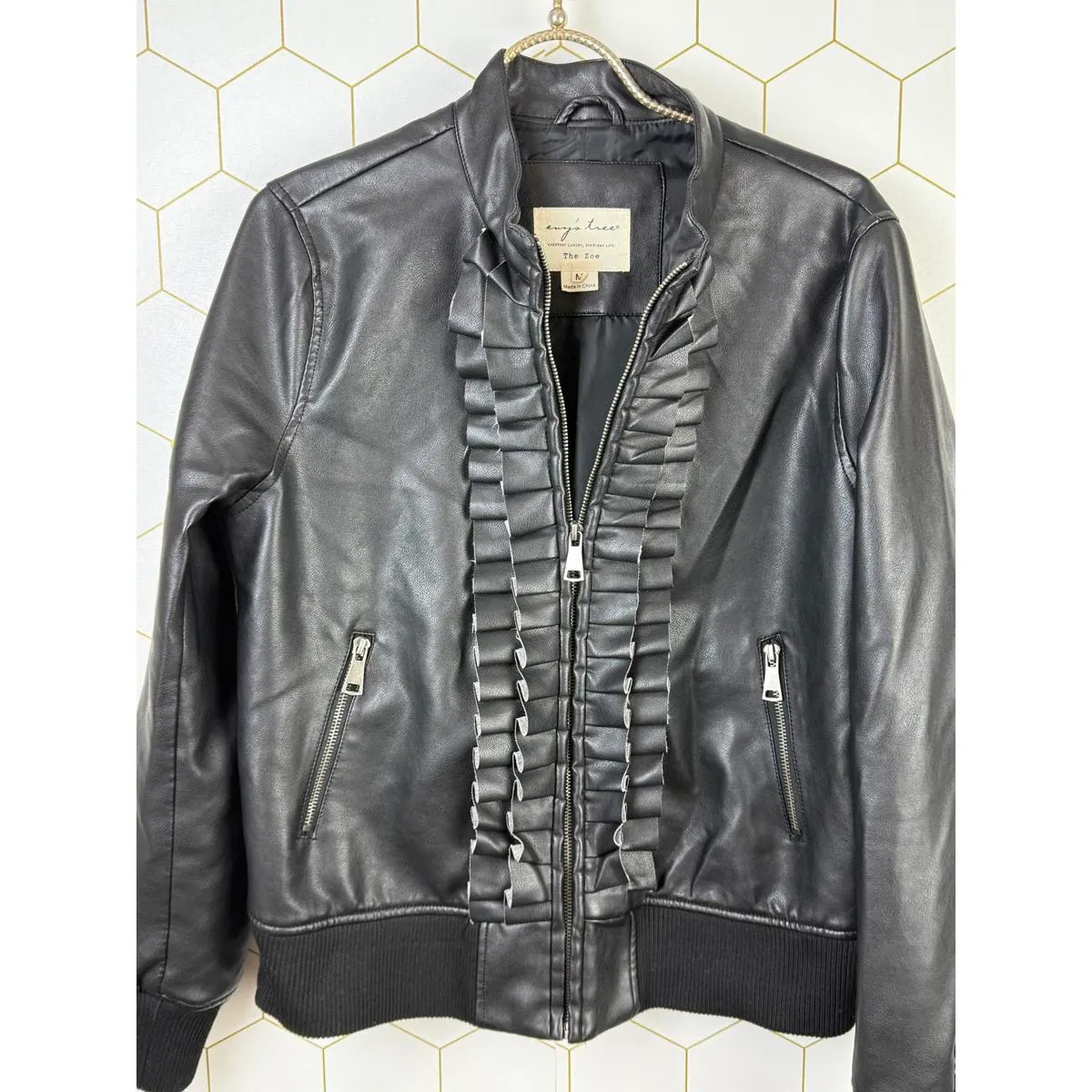 Evy's Tree The Zoe Ruffle Faux Leather Black Bomber Jacket - Image 5