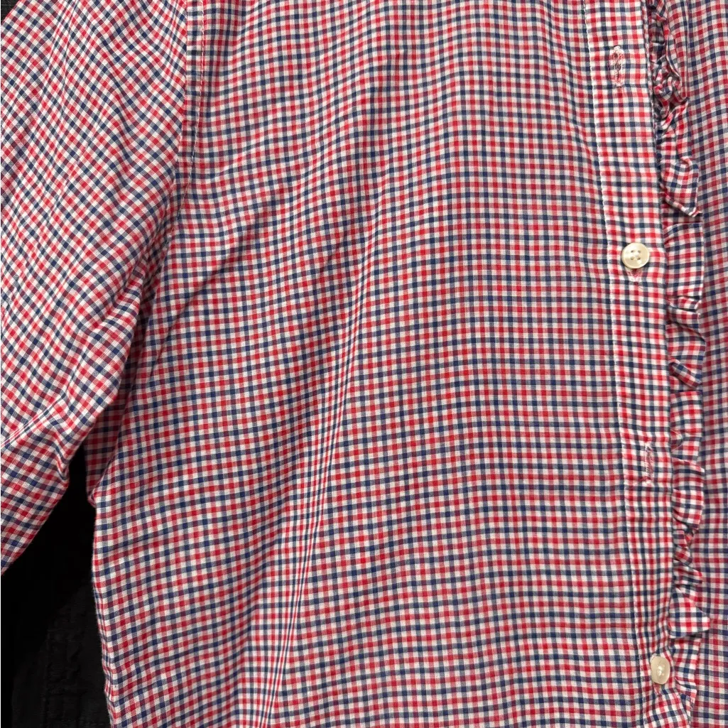 TROVATA Birds of Paradis red white gingham ruffle high neck button down blouse Blue - Image 2