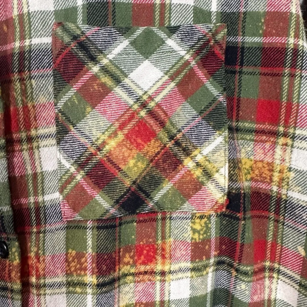 Grunge 90s Handmade Distressed Bleached Plaid Flannel Tunic Button Down Shirt XL Red - Image 4