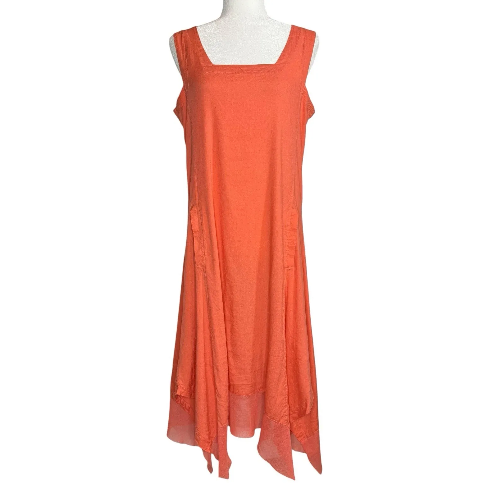 For Cynthia M Linen Dress‎ Lagenlook Pockets Asymmetrical Mesh Hem Square Neck - Image 3
