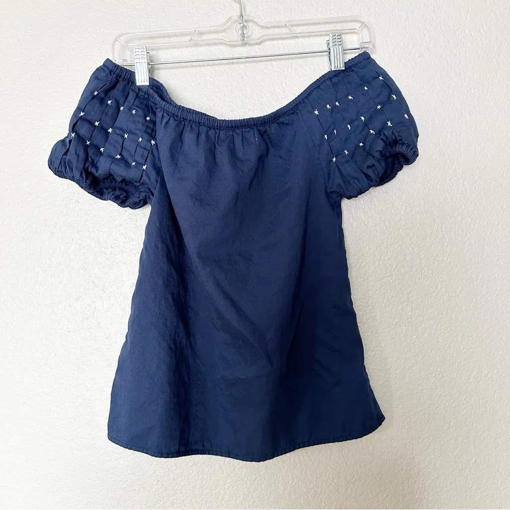 Carolina K Off‎ The Shoulder Top Cotton Puff Sleeve Embroidered Boho Navy Top XS Blue - Image 6
