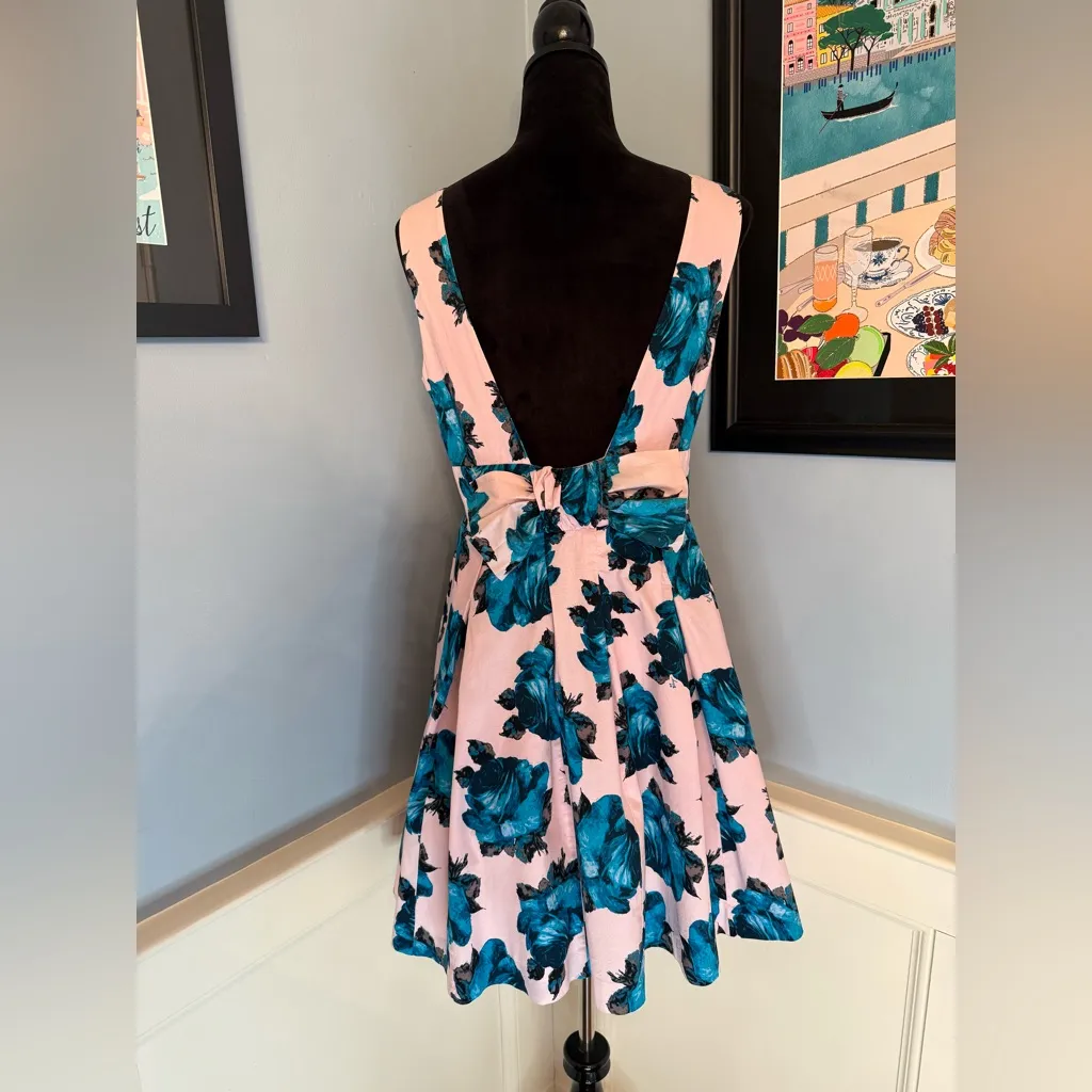 Vintage Y2K Betsey Johnson Retro Pink and Blue Floral Dress w/ Bow Detail sz 10 - Image 4