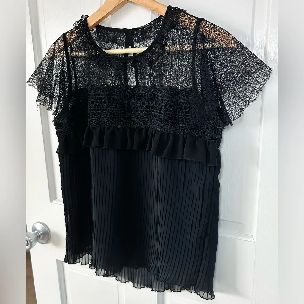 ZARA  Basic Collection Black Lace Sheer Mesh Pleated Blouse Size S - Image 3