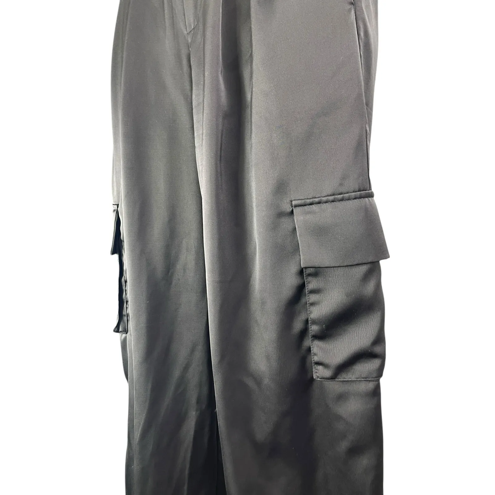 Tulléa Black Satin High Rise Baggy Wide Leg Utility Cargo Trouser Pants Size S Gray - Image 3