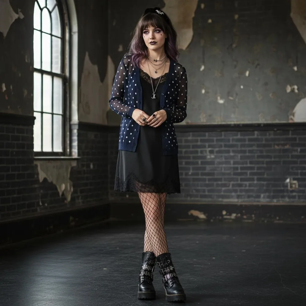 CHICO'S women polka dot mesh whimsy goth cardigan v-neck Sz XS stretching - Image 14