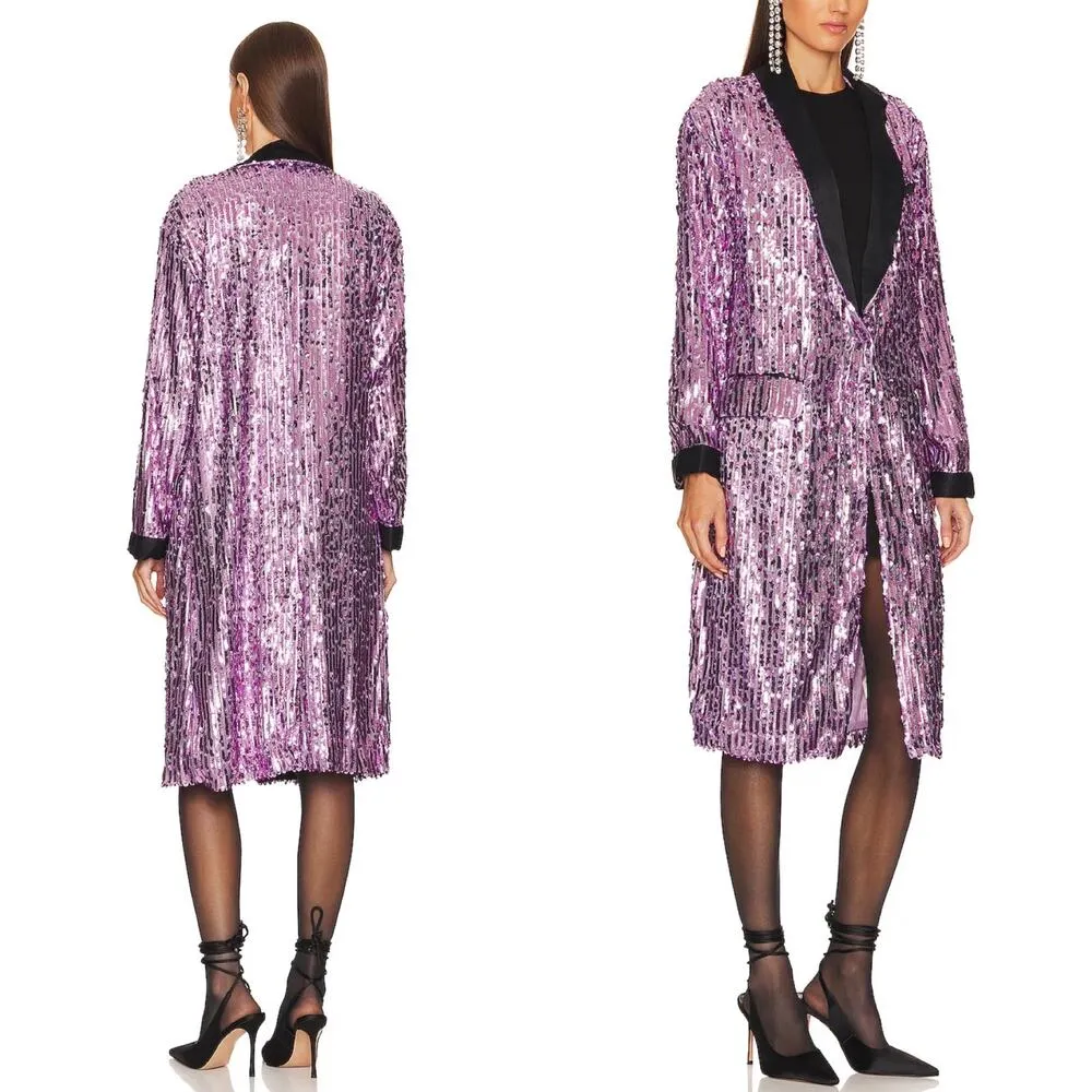 FREE PEOPLE Ella Duster Sequin Purple Combo Black Trim Jacket XS/S Oversized NWT - Image 2