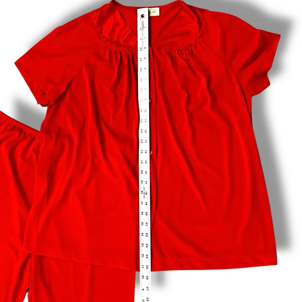 Vtg Vanity Fair Sleepwear Set Top & Pants Christmas Red Nylon Tricot Sz L Short - Image 5