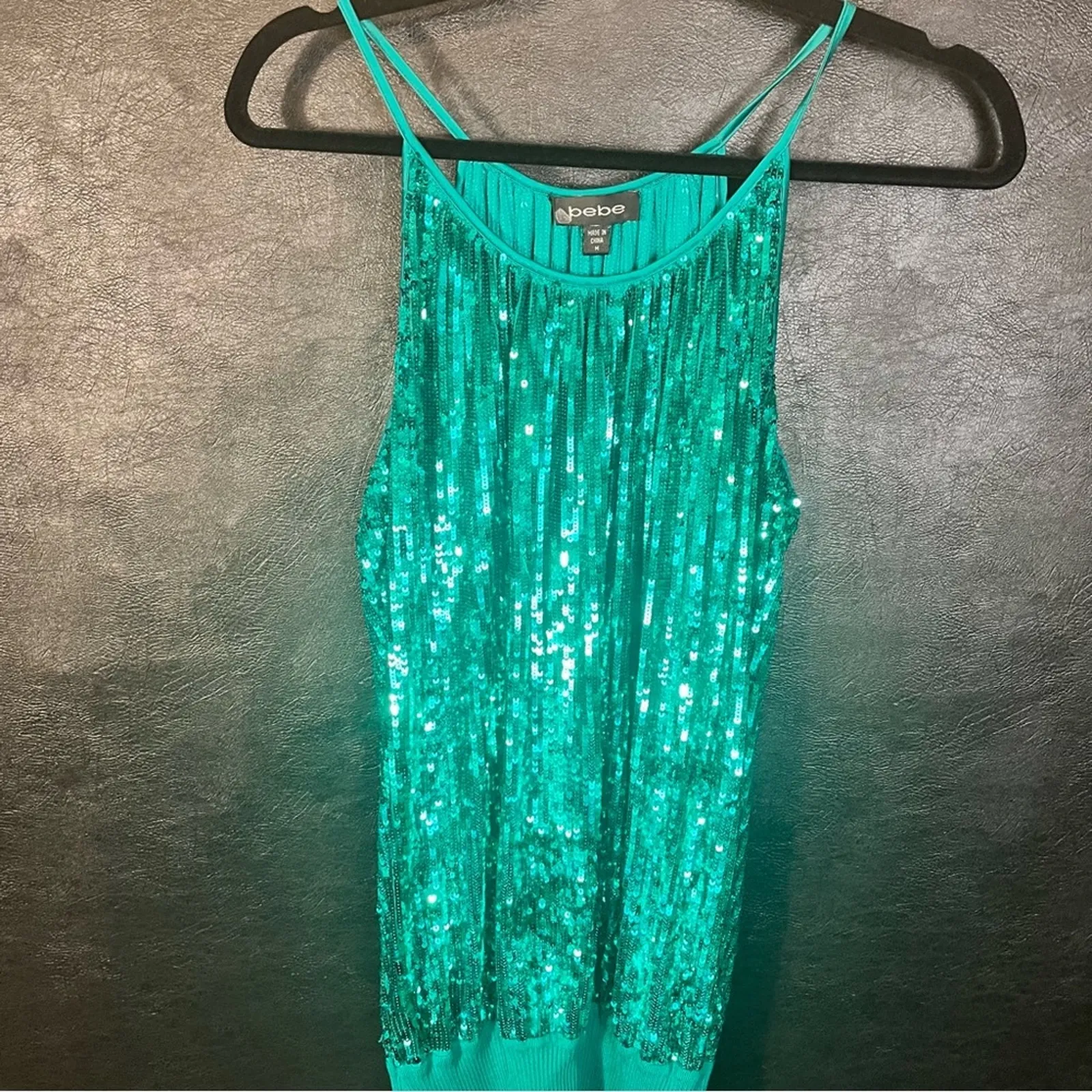 Bebe Teal Sequin Mini‎ Dress Size Medium - Image 3
