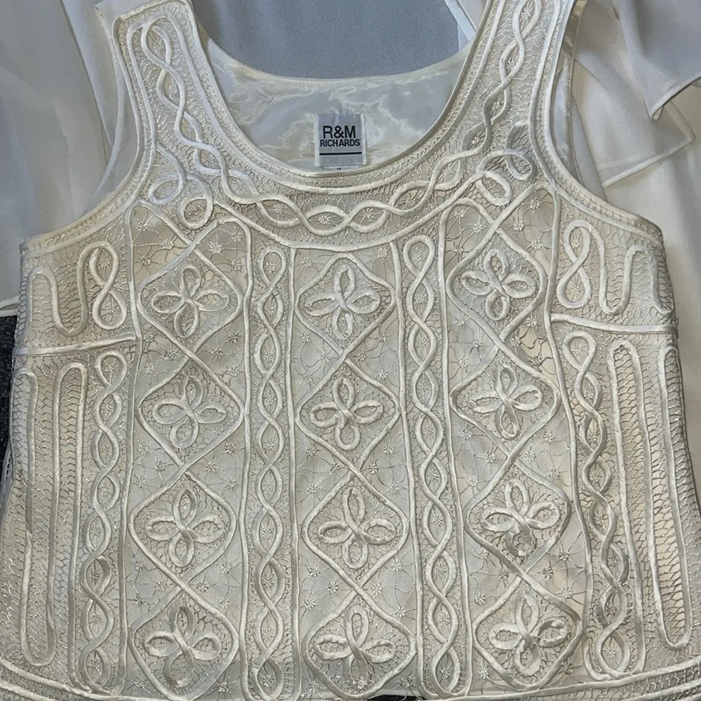 R & M Richards Cream Pantsuit with embroidered tank sheer jacket and pants - Image 2
